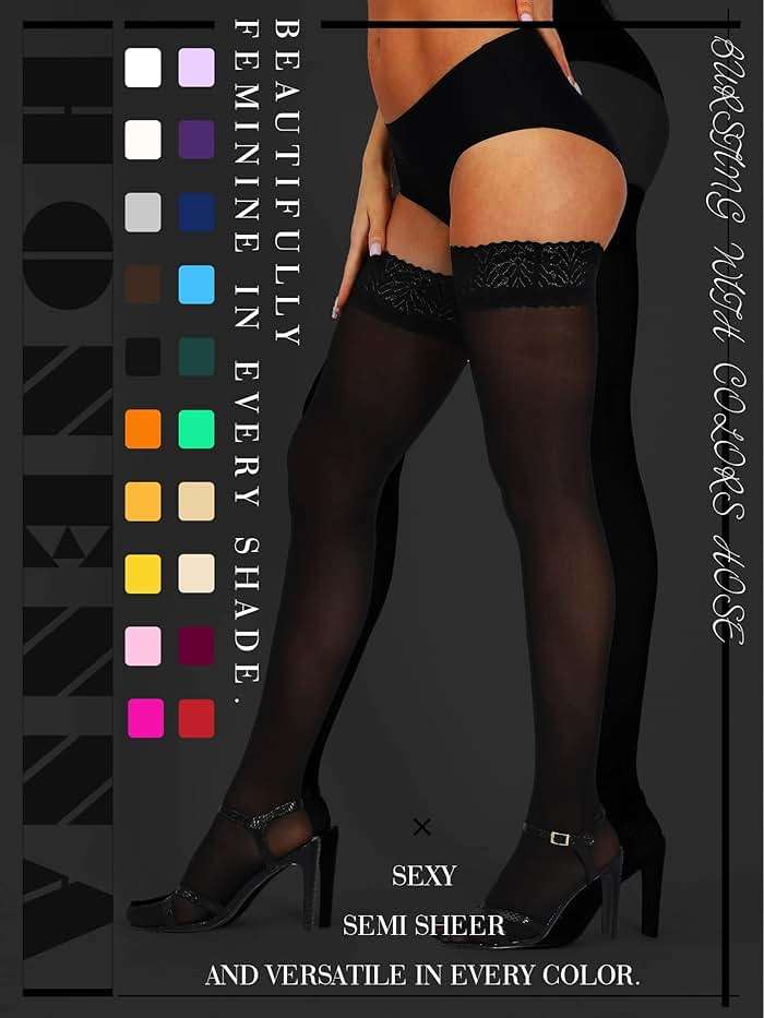 HONENNA Semi Sheer Stay Up Lingerie Thigh High Stockings Lace Top Size A-F - Image 2