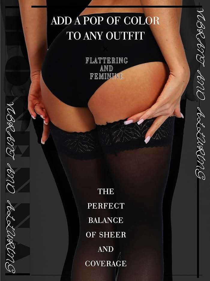 HONENNA Semi Sheer Stay Up Lingerie Thigh High Stockings Lace Top Size A-F - Image 3