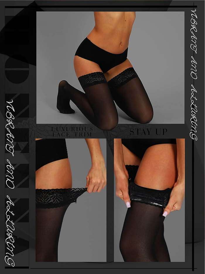 HONENNA Semi Sheer Stay Up Lingerie Thigh High Stockings Lace Top Size A-F - Image 4