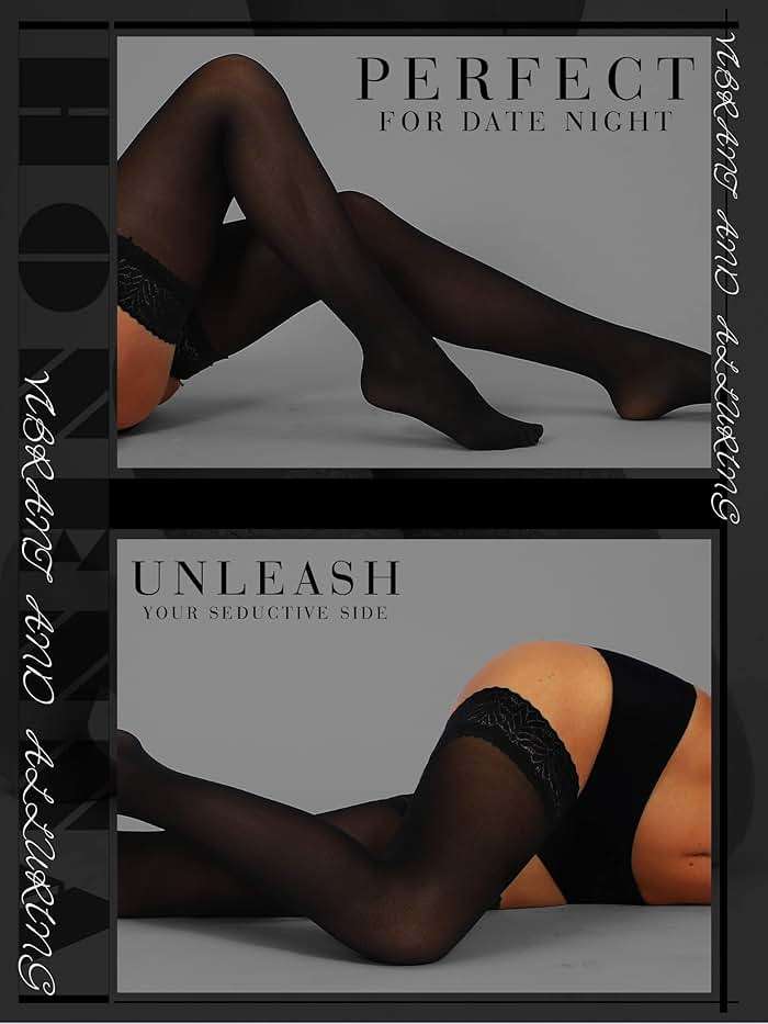HONENNA Semi Sheer Stay Up Lingerie Thigh High Stockings Lace Top Size A-F - Image 5