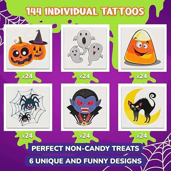 ArtCreativity Halloween Temporary Tattoos for Kids - Pack of 144-2 Inch Non-Toxic Tats Stickers for Boys and Girls, Best for Halloween Party Favors, Treats, Décor, Goodie Bags - 6 Assorted Designs - Image 2