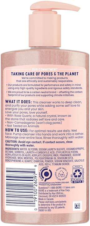 Bioré Rose Quartz + Charcoal Daily Purifying Cleanser, Oil Free Facial Cleanser Energizes Skin, Dermatologist Tested and Cruelty Free, 6.77 oz - Image 6