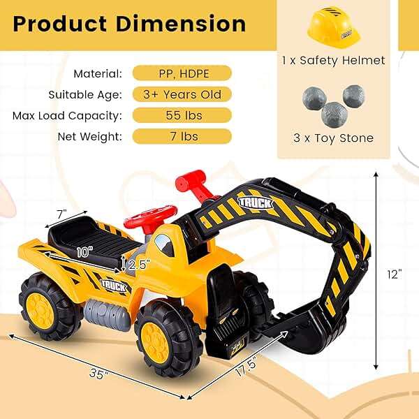 Costzon Ride on Excavator, Kids Excavator Digger Bulldozer W/Safety Helmet, 3 Rocks, Horn, Under-seat Storage, Construction Vehicles for Kids, Ride on Toys for Boys Girls Toddlers - Image 3