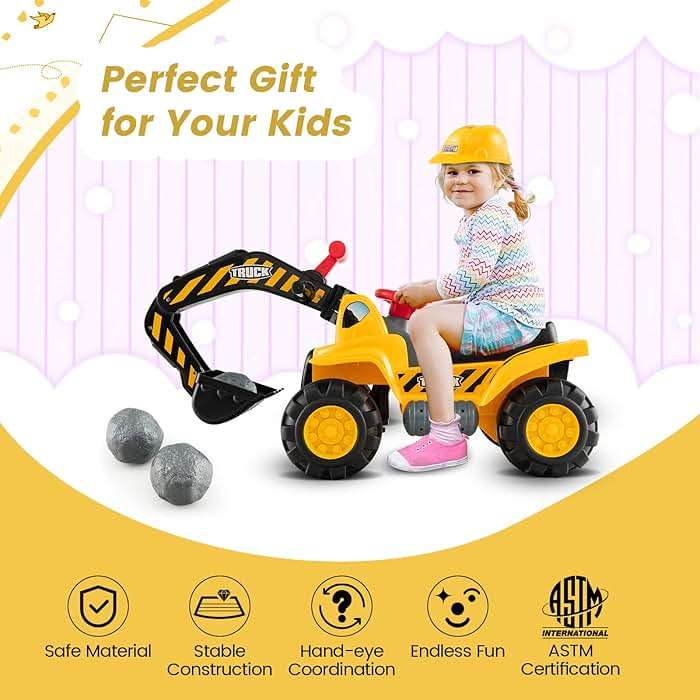 Costzon Ride on Excavator, Kids Excavator Digger Bulldozer W/Safety Helmet, 3 Rocks, Horn, Under-seat Storage, Construction Vehicles for Kids, Ride on Toys for Boys Girls Toddlers - Image 7