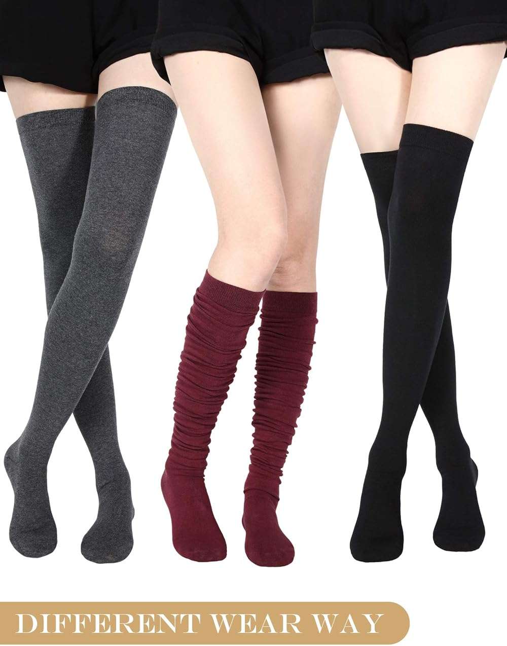 SATINIOR 3 Pairs Extra Long Socks Thigh High Cotton Socks Extra Long Boot Stockings for Women - Image 3