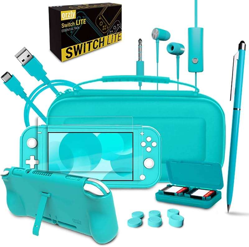 Orzly Switch Lite Accessories Bundle - Case & Screen Protector for Nintendo Switch Lite Console, USB Cable, Games Holder, Grip Case, Headphones, Thumb-Grip Pack & More (Gift Pack - Turquoise Blue) - Image 3