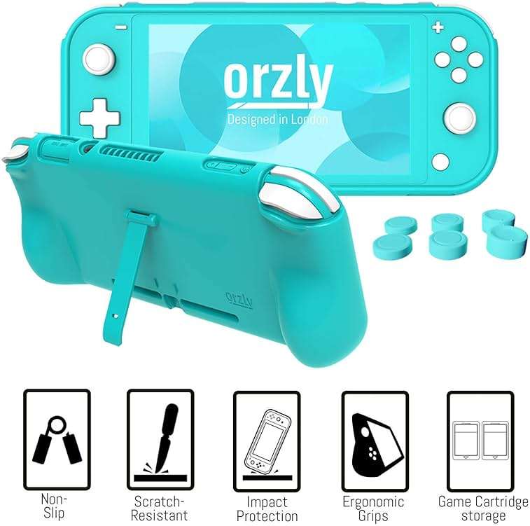Orzly Switch Lite Accessories Bundle - Case & Screen Protector for Nintendo Switch Lite Console, USB Cable, Games Holder, Grip Case, Headphones, Thumb-Grip Pack & More (Gift Pack - Turquoise Blue) - Image 6
