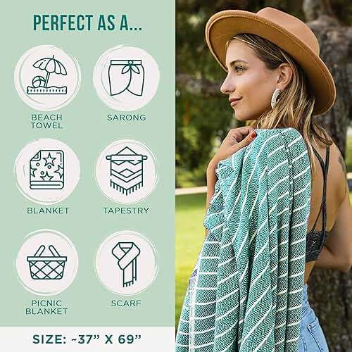 Sand Cloud Large Turkish Beach Towel - Sand Resistant - Fast Drying -100% Certified Organic Turkish Cotton Yarn - Great for Beach Bath or as a Blanket - As Seen on Shark Tank - Gocek (Mint) 37x69 - Image 4