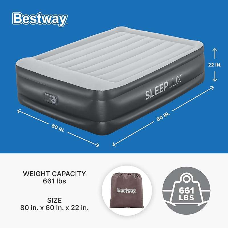 SLEEPLUX Durable Inflatable Air Mattress with Built-in Pump, Pillow and USB Charger, 22" Tall Queen - Image 2