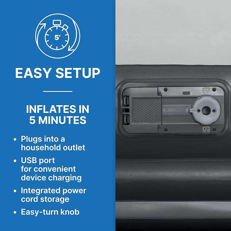 SLEEPLUX Durable Inflatable Air Mattress with Built-in Pump, Pillow and USB Charger, 22" Tall Queen - Image 3