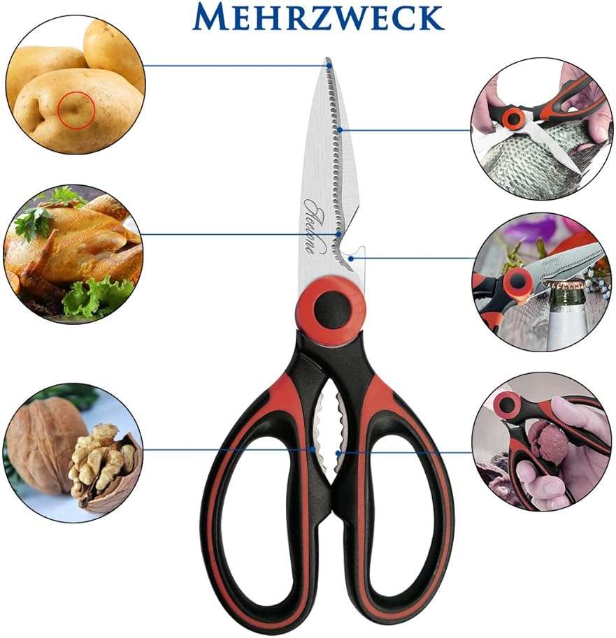 Kitchen Shears, Acelone Premium Heavy Duty Shears Ultra Sharp Stainless Steel Multi-function Kitchen Scissors for Chicken/Poultry/Fish/Meat/Vegetables/Herbs/BBQ… (Red black) - Image 4