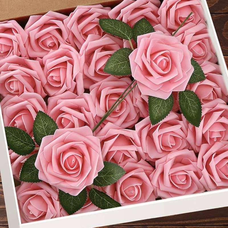 Higfra Artificial Flowers 25pcs Real Looking Pink Foam Fake Roses with Stems for DIY Wedding Bouquets White Bridal Shower Centerpieces Arrangements Mothers Day Party Tables Decorations - Image 1