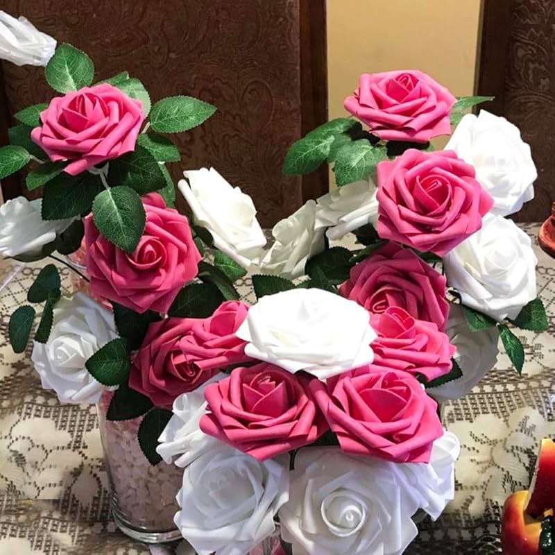 Higfra Artificial Flowers 25pcs Real Looking Pink Foam Fake Roses with Stems for DIY Wedding Bouquets White Bridal Shower Centerpieces Arrangements Mothers Day Party Tables Decorations - Image 2