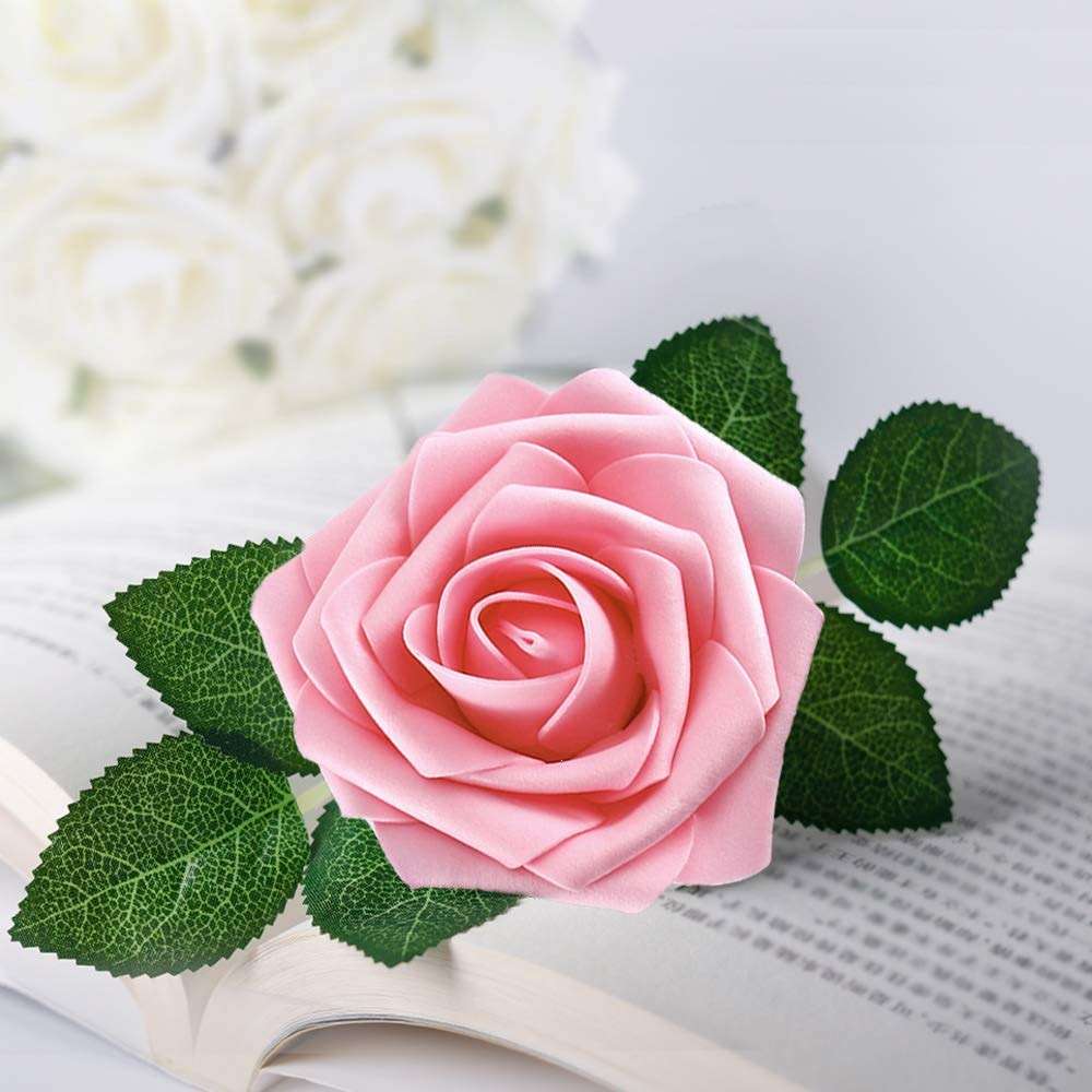 Higfra Artificial Flowers 25pcs Real Looking Pink Foam Fake Roses with Stems for DIY Wedding Bouquets White Bridal Shower Centerpieces Arrangements Mothers Day Party Tables Decorations - Image 3