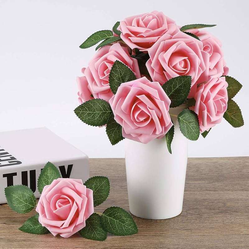 Higfra Artificial Flowers 25pcs Real Looking Pink Foam Fake Roses with Stems for DIY Wedding Bouquets White Bridal Shower Centerpieces Arrangements Mothers Day Party Tables Decorations - Image 4