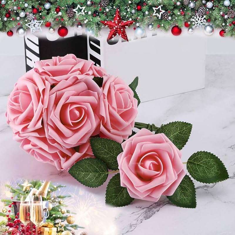 Higfra Artificial Flowers 25pcs Real Looking Pink Foam Fake Roses with Stems for DIY Wedding Bouquets White Bridal Shower Centerpieces Arrangements Mothers Day Party Tables Decorations - Image 5