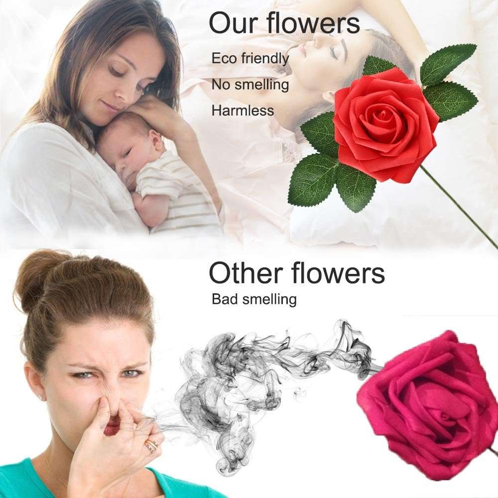 Higfra Artificial Flowers 25pcs Real Looking Pink Foam Fake Roses with Stems for DIY Wedding Bouquets White Bridal Shower Centerpieces Arrangements Mothers Day Party Tables Decorations - Image 6