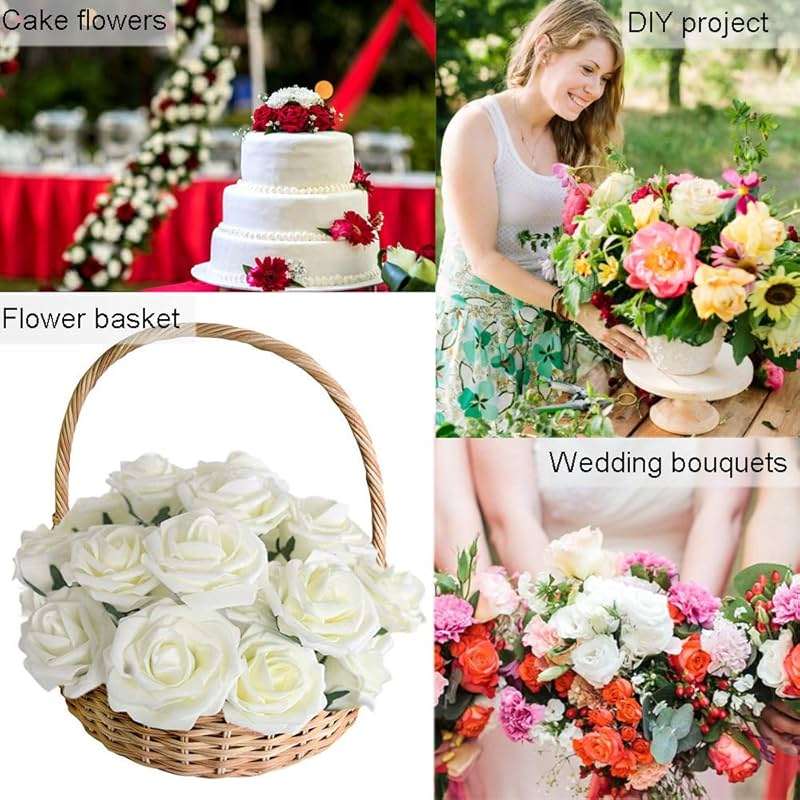Higfra Artificial Flowers 25pcs Real Looking Pink Foam Fake Roses with Stems for DIY Wedding Bouquets White Bridal Shower Centerpieces Arrangements Mothers Day Party Tables Decorations - Image 7