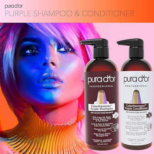 PURA D'OR Purple Shampoo & Conditioner (16oz x 2) ColorHarmony Biotin Set For Bleached, Blonde, Silver & Color Treated Hair - Keratin, Bamboo Fiber, No Sulfates - Men & Women - Image 5