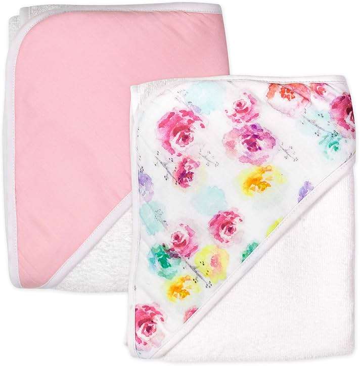 HonestBaby Unisex Baby 2-Pack Organic Cotton Hooded Towels Bandana, Rose Blossom, One Size US - Image 1