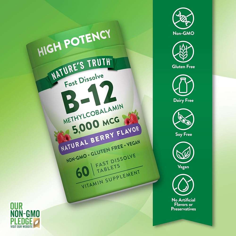 Nature's Truth B12 Vitamin 5000 mcg | 60 Tablets | Fast Dissolve Natural Berry Flavor | Vegan, Non-GMO & Gluten Free Supplement - Image 3