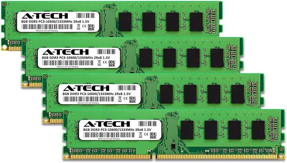 A-Tech RAM 32GB Kit (4x8GB) DDR3 1333 MHz PC3-10600 DIMM - Desktop Computer Memory - CL9 2Rx8 1.5V 240-Pin UDIMM Non-ECC Unbuffered Upgrade Modules - Image 2