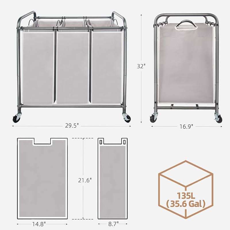 STORAGE MANIAC 3 Section Laundry Sorter, 35.6 Gal (135 L) Laundry Hamper Cart with Heavy Duty Rolling Lockable Wheels and Removable Bags, Clothes Organizer Basket Separator Hamper, Gray - Image 3
