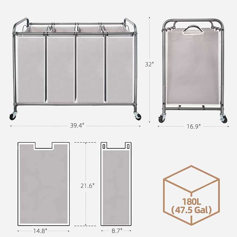 STORAGE MANIAC Laundry Sorter 4 Section, 47.5 Gal (180 L) Laundry Hamper with Wheels, Clothes Divider Basket Sorter, Separator Hamper Cart with Removable Bags, Gray - Image 3
