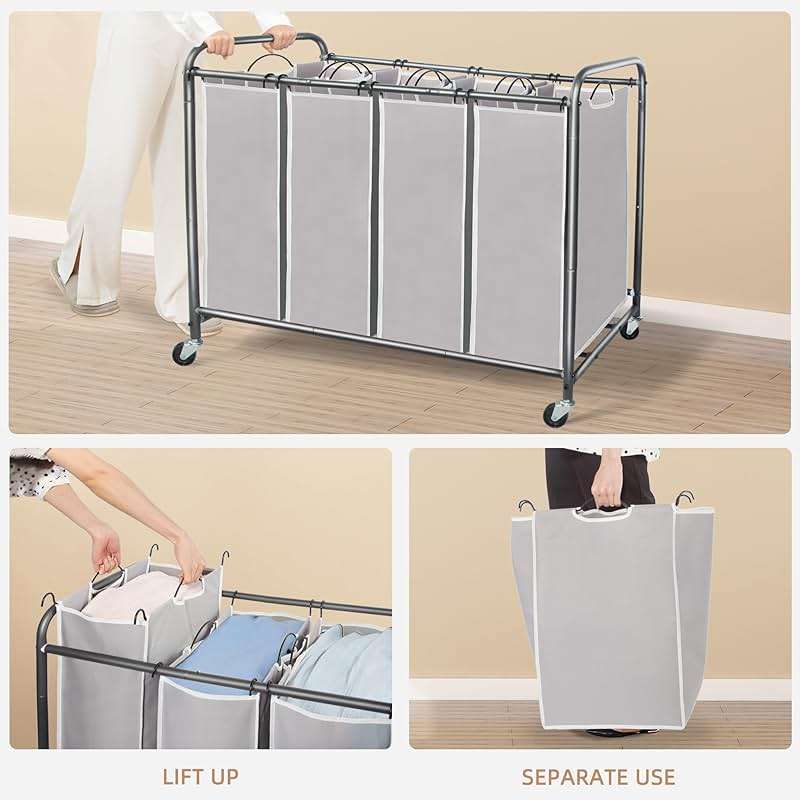 STORAGE MANIAC Laundry Sorter 4 Section, 47.5 Gal (180 L) Laundry Hamper with Wheels, Clothes Divider Basket Sorter, Separator Hamper Cart with Removable Bags, Gray - Image 5