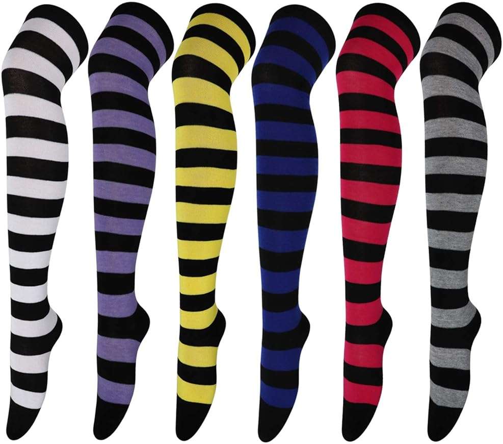 DRESHOW 6 Pairs High Thigh Socks Striped Over Knee Thin Tights Long Stocking for Women Leg Warmer - Image 1