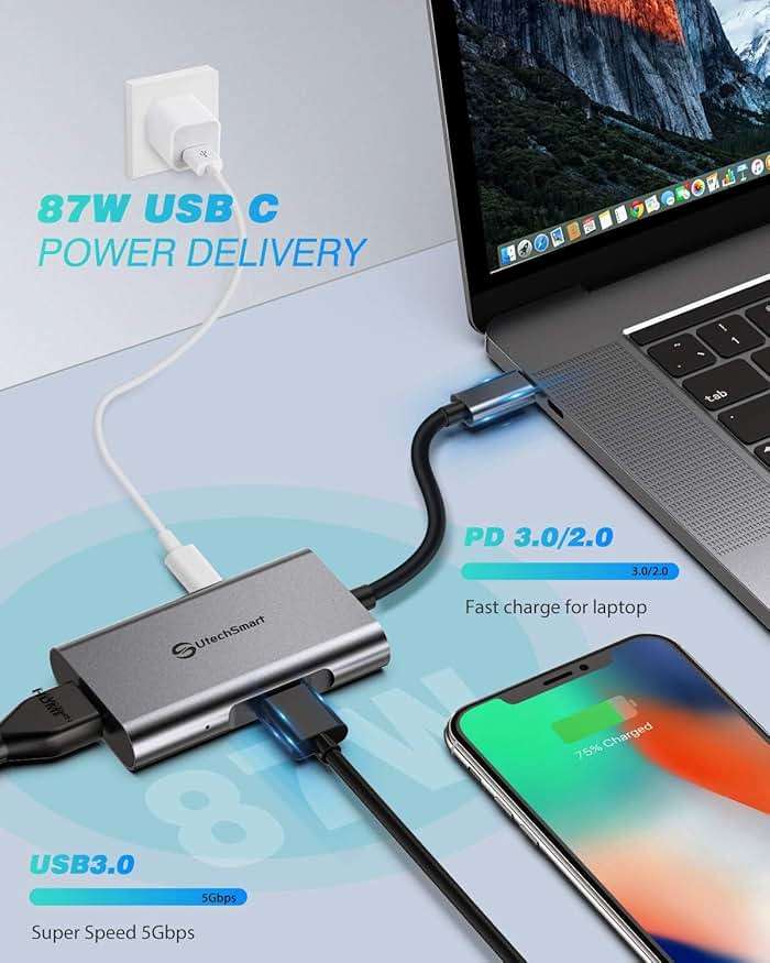 UtechSmart HDMI to USB C Adapter, 4-in-1 USB C Hub, Dual HDMI Adapter with 4K, USB C to USB Adapter for MacBook Pro Air, Dell, HP, Microsoft, Chromebook, Lenovo, iPhone 16 (100W PD USB 3.0) - Image 7