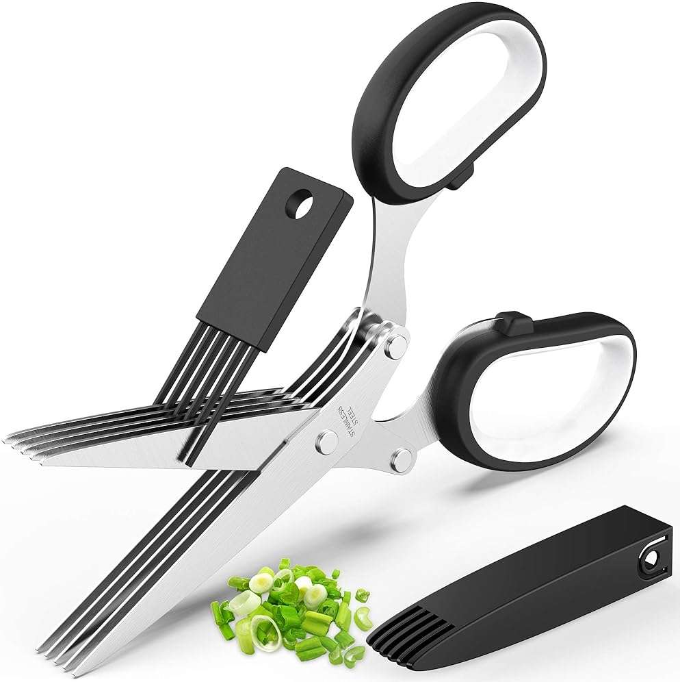 Herb Scissors with 5 Blades and Cover, Kitchen Herb Cutter with Cleaning Comb, Stainless Steel Multi Blade Herb Shears for Basil Parsley Cilantro, Easy Clean Cooking Tool, Unique Kitchen Gadgets Gift - Image 1