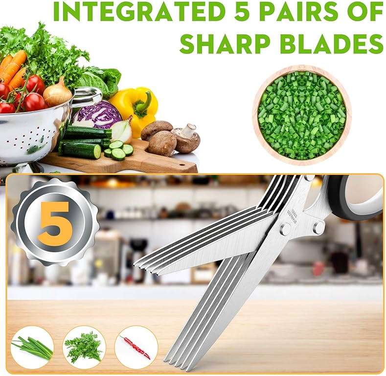Herb Scissors with 5 Blades and Cover, Kitchen Herb Cutter with Cleaning Comb, Stainless Steel Multi Blade Herb Shears for Basil Parsley Cilantro, Easy Clean Cooking Tool, Unique Kitchen Gadgets Gift - Image 2