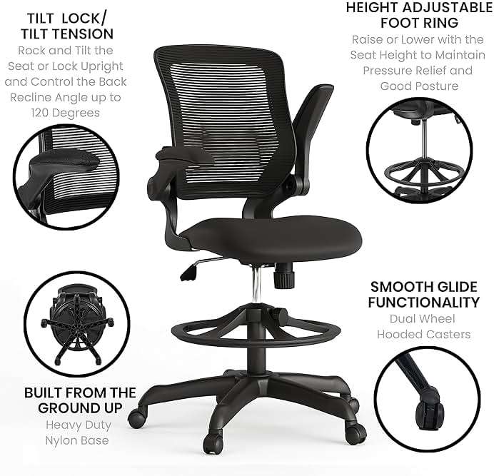 Flash Furniture Kale Mid-Back Swivel Office Chair with Adjustable Foot Ring, Lumbar Support, and Seat Height, Ergonomic Mesh Executive Chair, Black - Image 5