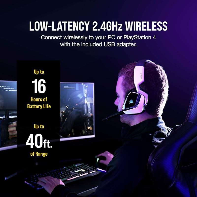 Corsair Void RGB Elite Wireless Gaming Headset – 7.1 Surround Sound – Omni-Directional Microphone – Microfiber Mesh Earpads – Up to 40ft Range – iCUE Compatible – PC, Mac, PS5, PS4 – White - Image 5