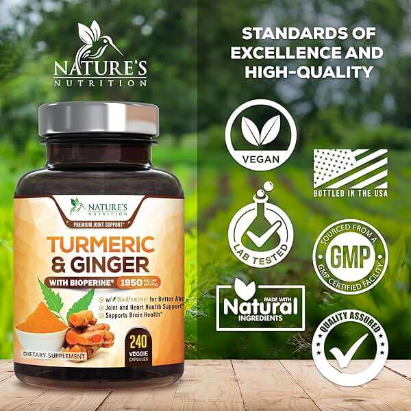 Turmeric Curcumin Supplement - 95% Curcuminoids with Organic Turmeric & Ginger, BioPerine Black Pepper Extract for Best Absorption, Natural Vegan Joint Support, Non-GMO, Bottled in USA - 240 Capsules - Image 4