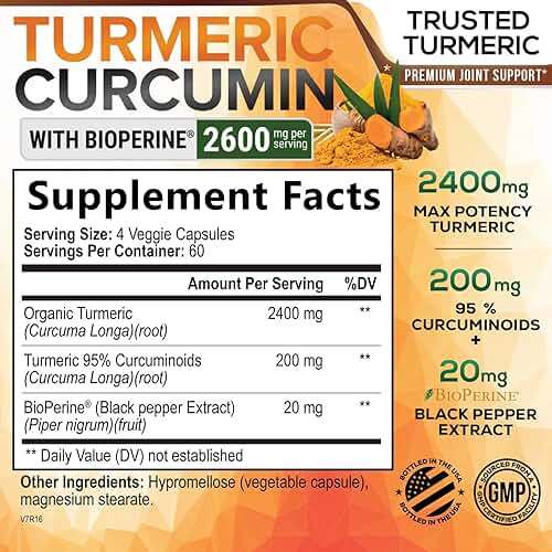 Turmeric Curcumin Supplement - 2400mg Organic Turmeric Per Serving - 95% Curcuminoids & BioPerine Black Pepper Extract for Best Absorption - Natural Vegan Joint Support, Bottled in USA - 240 Capsules - Image 2