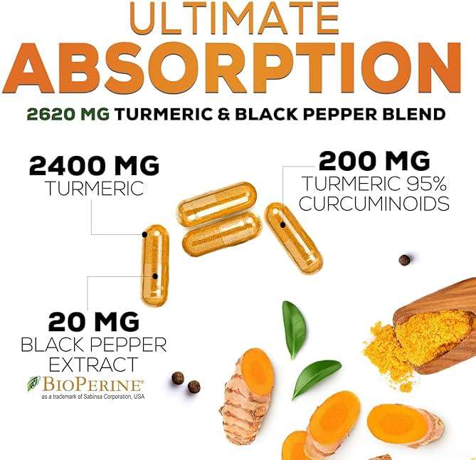 Turmeric Curcumin Supplement - 2400mg Organic Turmeric Per Serving - 95% Curcuminoids & BioPerine Black Pepper Extract for Best Absorption - Natural Vegan Joint Support, Bottled in USA - 240 Capsules - Image 6