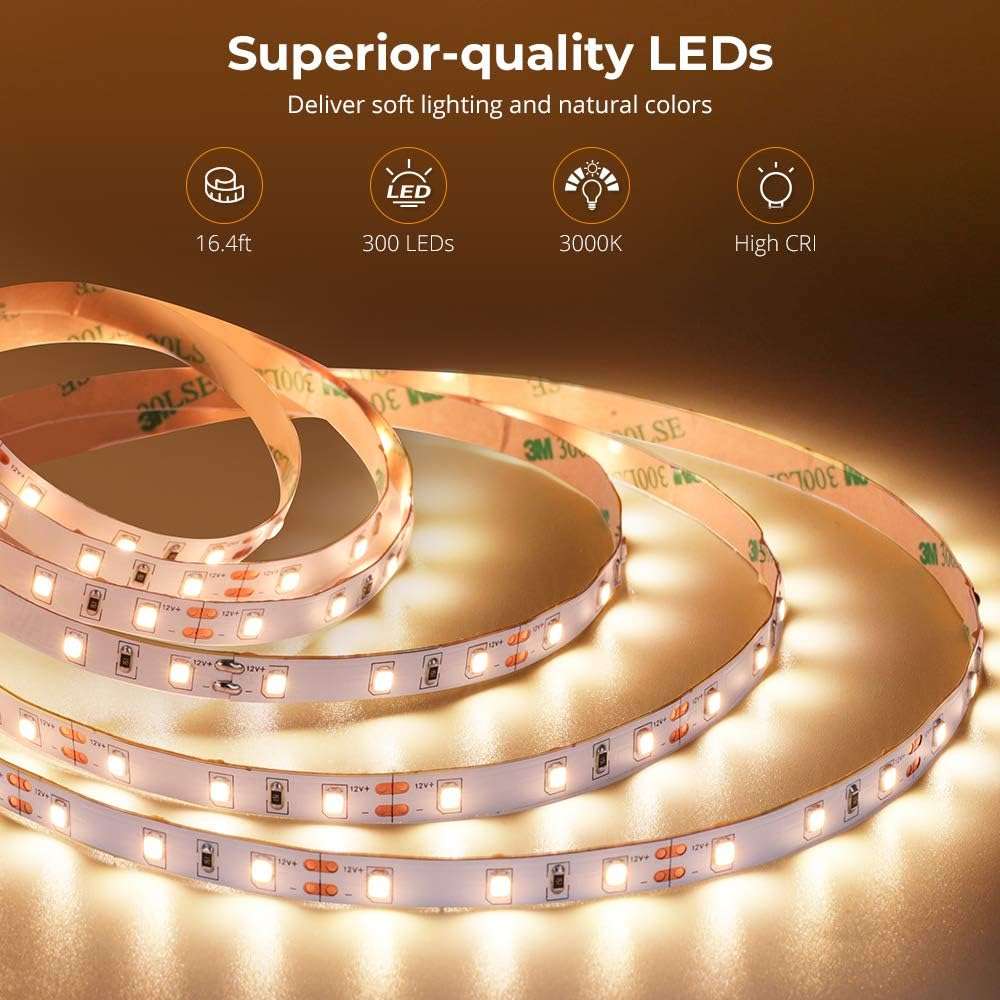 Govee Warm White LED Strip Lights, Bright 300 LEDs, 3000K Dimmable Light Strip 16.4ft with Control Box, LED Lights for Bedroom, Kitchen Cabinets, Living Room, ETL Listed Adapter Included - Image 5