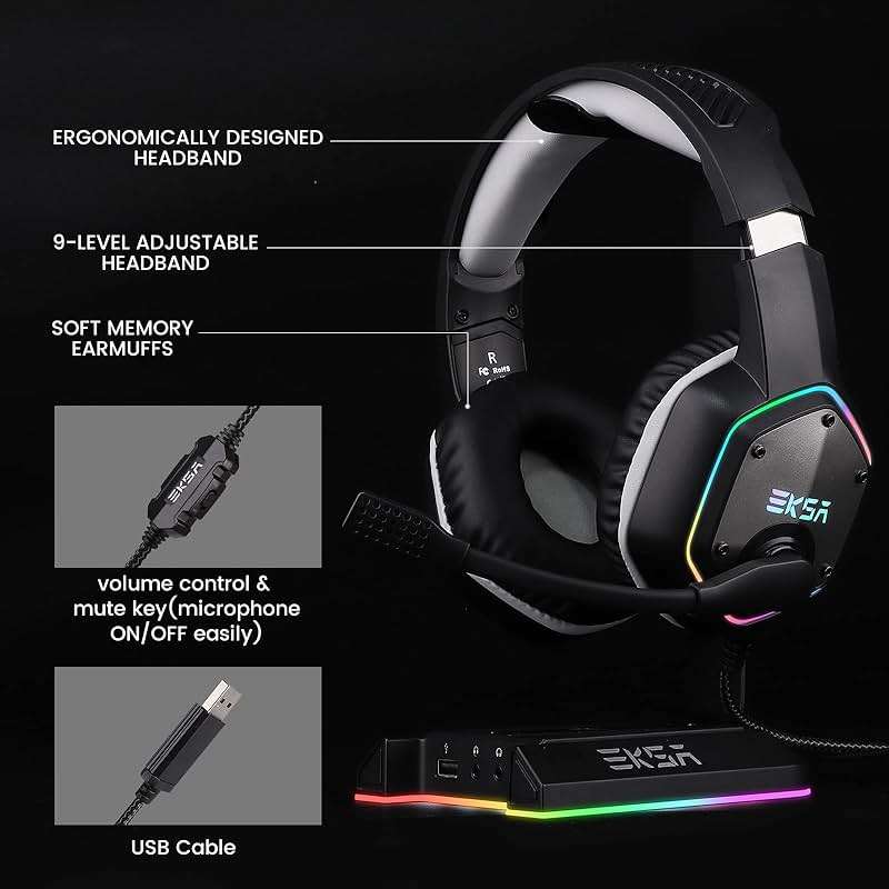 EKSA E1000 USB Gaming Headset for PC, Computer Headphones with Microphone/Mic Noise Cancelling, 7.1 Surround Sound, RGB Light - Wired Headphones for PS4, PS5 Console, Laptop, Call Center - Image 9
