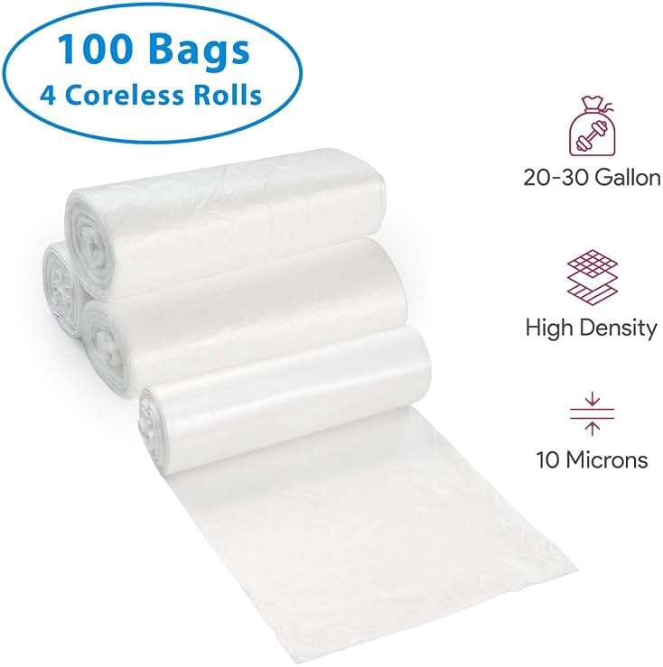 20-30 Gallon Clear Garbage Can Liners, 100 Count - Medium - Large Trash Can Liners - High Density, Thin, Lightweight, 10 Microns - For Office, Home, Hospital, Wastebaskets - 4 Coreless Rolls - Image 4