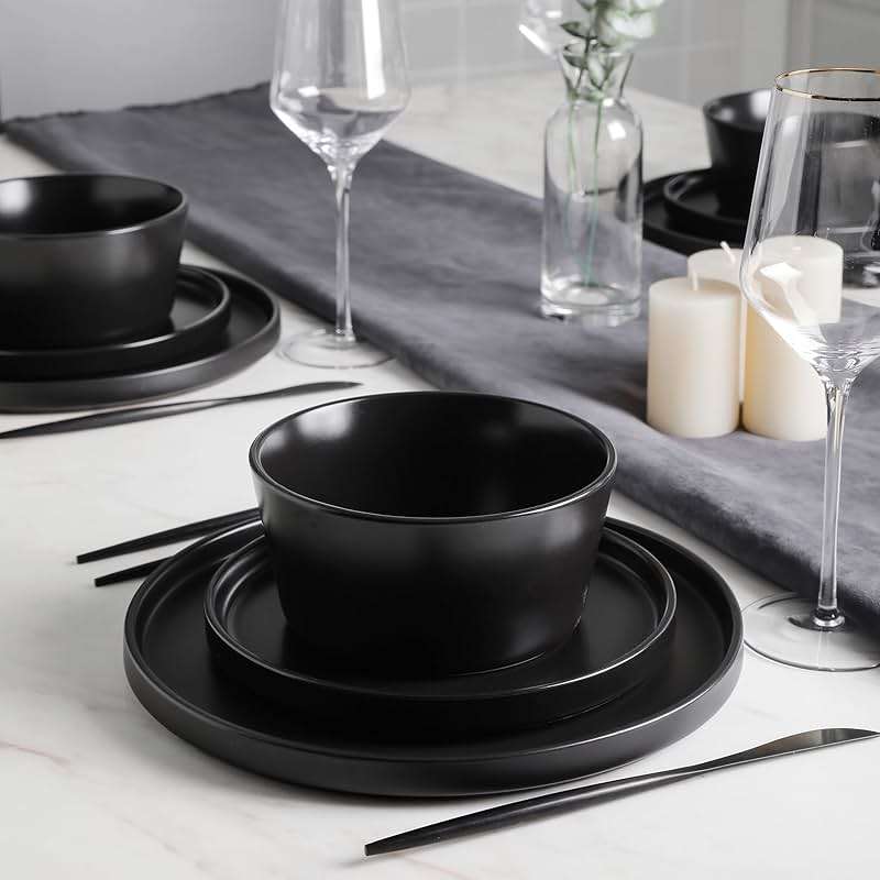 Stone Lain Celina Stoneware 16 Piece Dinnerware Set, Plates and Bowls, Black Matte Dish, Service for 4 – Minimalist Round Style, Microwave & Dishwasher Safe - Image 2