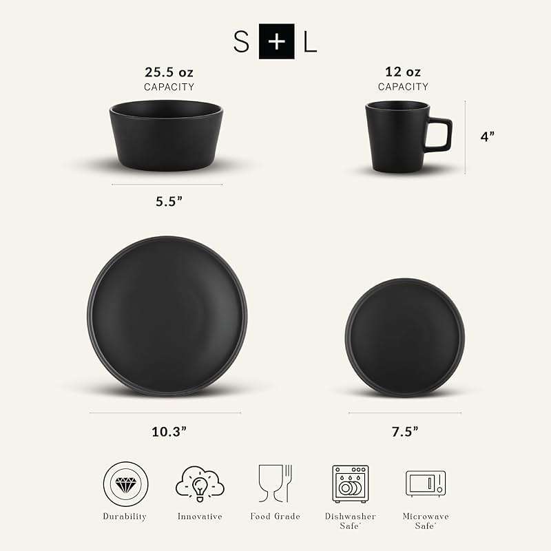 Stone Lain Celina Stoneware 16 Piece Dinnerware Set, Plates and Bowls, Black Matte Dish, Service for 4 – Minimalist Round Style, Microwave & Dishwasher Safe - Image 3