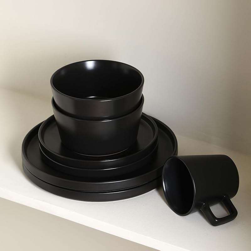 Stone Lain Celina Stoneware 16 Piece Dinnerware Set, Plates and Bowls, Black Matte Dish, Service for 4 – Minimalist Round Style, Microwave & Dishwasher Safe - Image 8