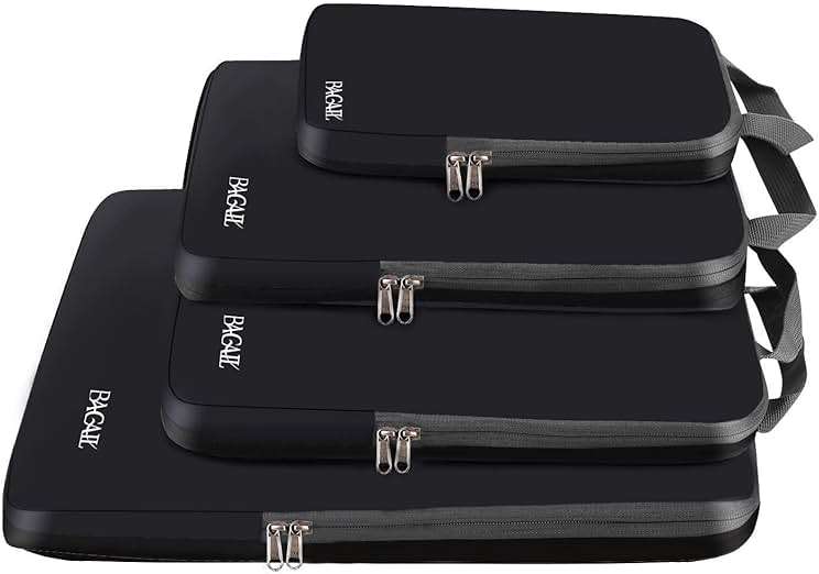 BAGAIL 4 Set/6 Set/8 Set Compression Packing Cubes Travel Accessories Expandable Packing Organizers (Cloth Pattern, 4-Black) - Image 1