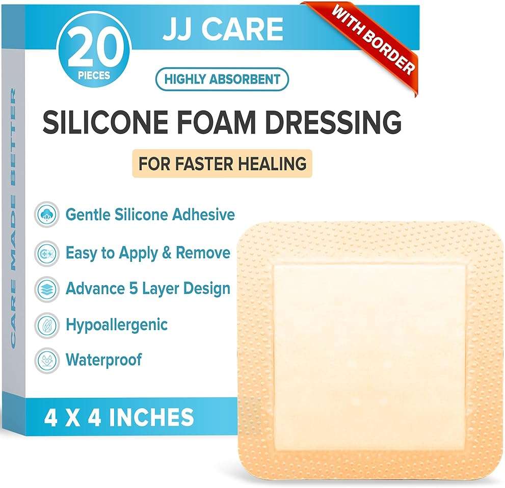 JJ CARE Silicone Foam Dressing 4x4 [Pack of 20], Silicone Bandages for Wounds, Waterproof Wound Dressing with Adhesive Border, Absorbent Bed Sore Bandages for Wound Care - Image 1