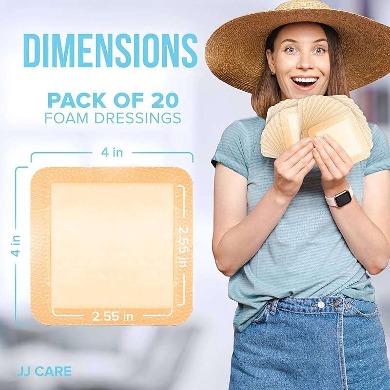 JJ CARE Silicone Foam Dressing 4x4 [Pack of 20], Silicone Bandages for Wounds, Waterproof Wound Dressing with Adhesive Border, Absorbent Bed Sore Bandages for Wound Care - Image 4