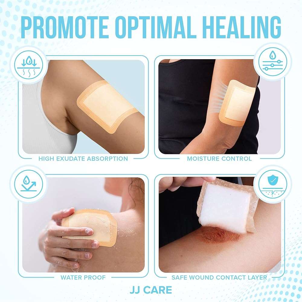JJ CARE Silicone Foam Dressing 4x4 [Pack of 20], Silicone Bandages for Wounds, Waterproof Wound Dressing with Adhesive Border, Absorbent Bed Sore Bandages for Wound Care - Image 5