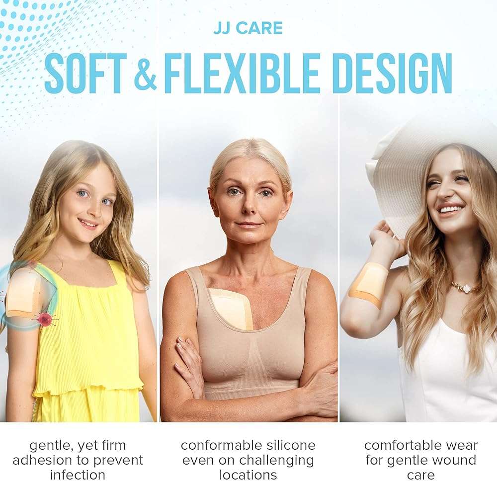 JJ CARE Silicone Foam Dressing 4x4 [Pack of 20], Silicone Bandages for Wounds, Waterproof Wound Dressing with Adhesive Border, Absorbent Bed Sore Bandages for Wound Care - Image 7