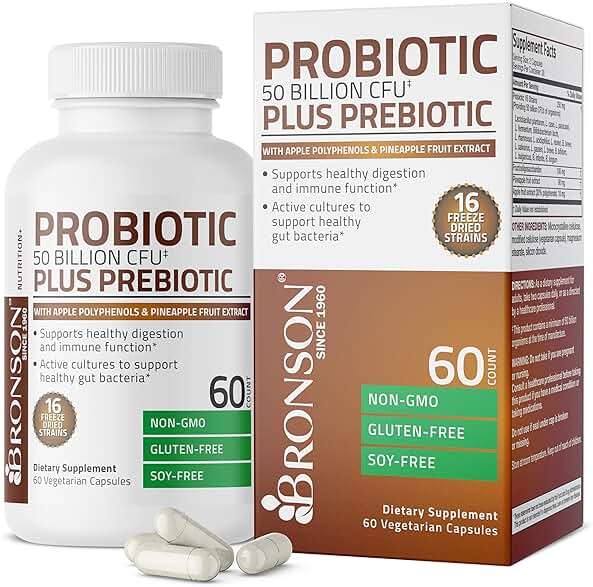 Bronson Probiotic 50 Billion CFU + Prebiotic with Apple Polyphenols & Pineapple Fruit Extract for Women & Men Non-GMO, 60 Vegetarian Capsules - Image 1